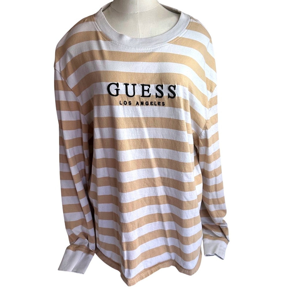 Guess Long‎ Sleeve T-Shirt Mens Large Tan White Striped Embroidered Logo